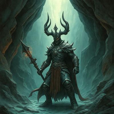 The primary subject of the image is a man dressed in a medieval-style armor, holding a sword. He is standing in a cave, with a rocky background and a blue-green color scheme. The visual style of the image is digital art, and the overall atmosphere is dark and mysterious.